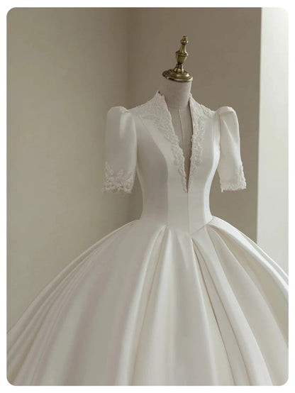 A Line White Deep V Neck Short Sleeves Satin Long Princess Wedding Dress