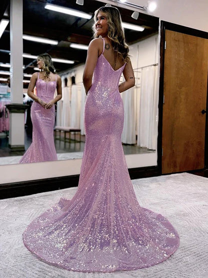 Spaghetti Straps Mermaid Sequins Long Evening Prom Dress