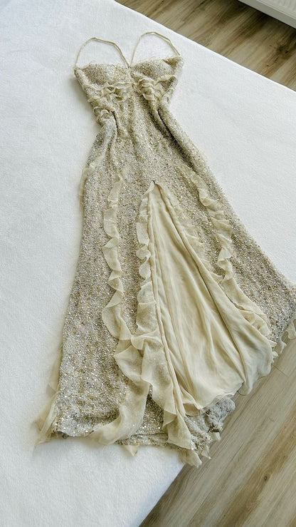 Spaghetti Straps Sequin Long Evening Prom Dresses With Slit