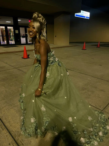 Green Strapless Long Prom Dress with Appliques