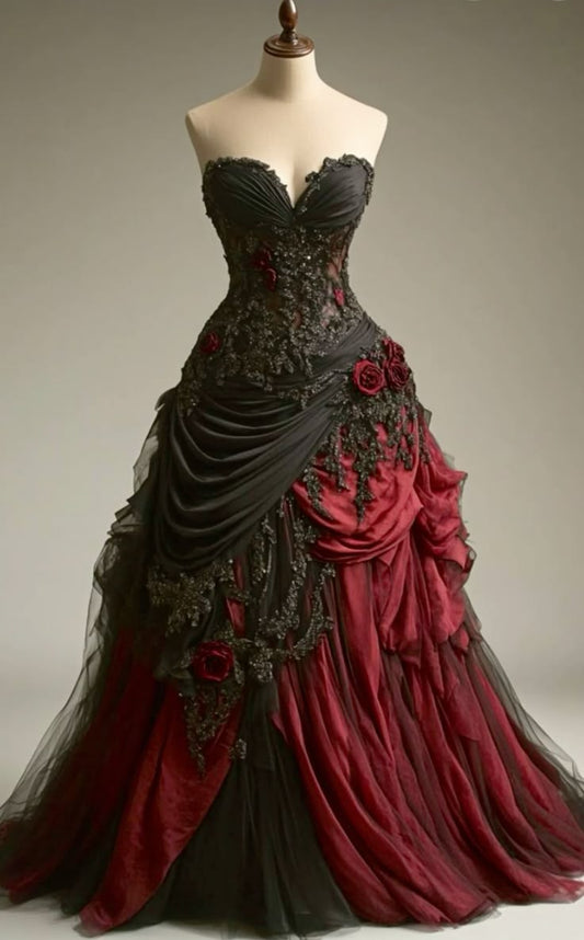 Gothic Victorian Wedding Dress, Pleated Floral Rose 3D Custom Black Burgundy Gown