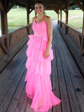 LTP1781,Unique A Line Light Pink Ruffles Layered Tulle Long Prom Dresses