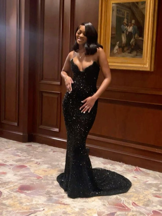 Black Strapless Mermaid Long Prom Dress Evening Gown