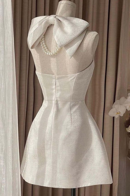 Square Neck Halter Sleeveless Satin A-Line Mini Homecoming Dress With Bow