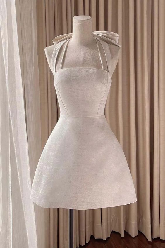Square Neck Halter Sleeveless Satin A-Line Mini Homecoming Dress With Bow