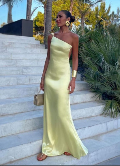 Yellow One Shoulder Prom Dresses, Evening Dress, Floor Length Party Gowns