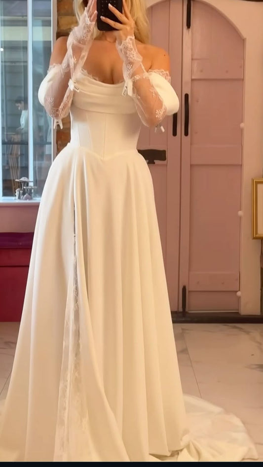 Off Shoulder Long Lace Long Sleeves Wedding Dress Bridal Gown