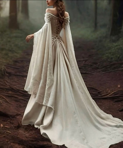 Vintage Off The Shoulder Wedding Dress with Cape Lace Up Lace Applique Bridal Dress