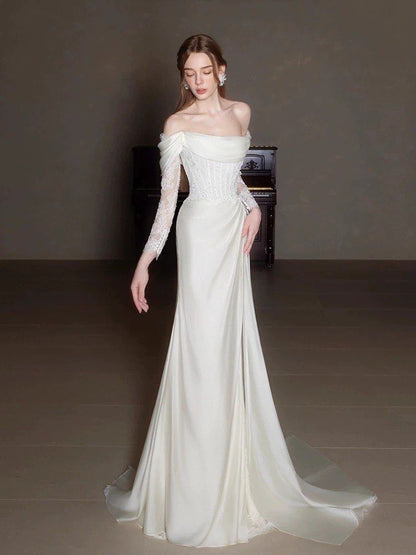 Elegant Off Shoulder Lace Wedding Dress Long Bridal Gown
