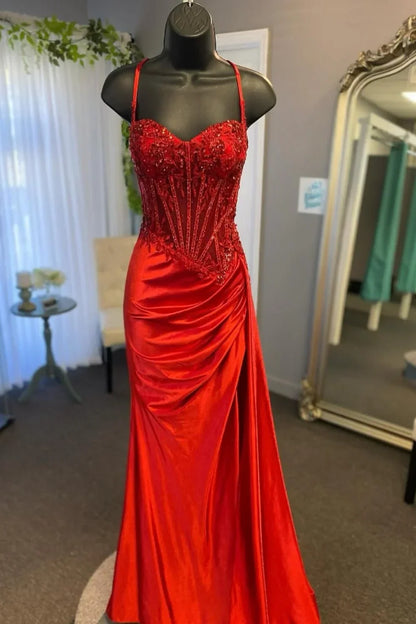 Gorgeous Mermaid Spaghetti Straps Silver Glitter Prom Dress with Split Slit