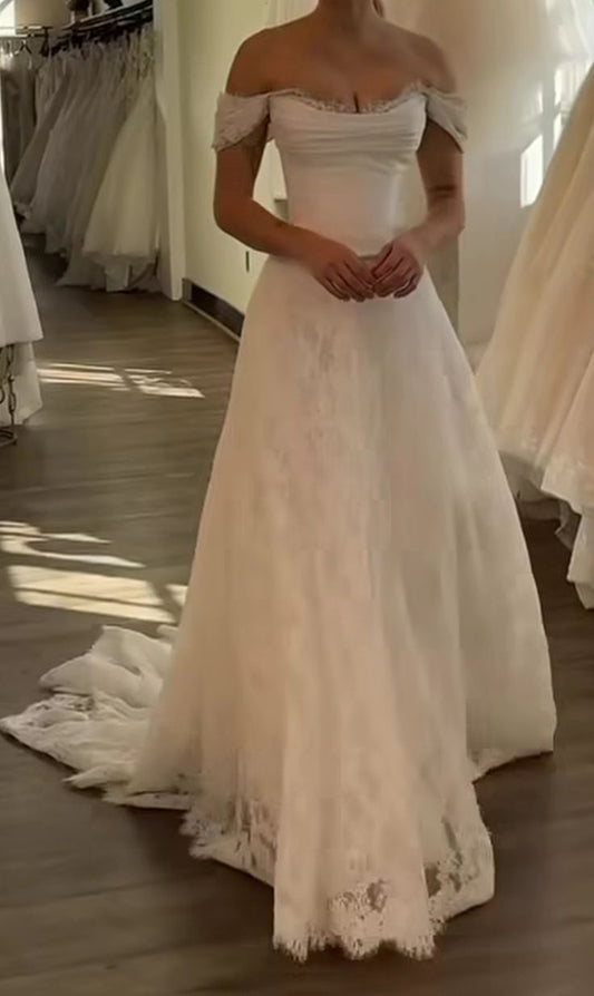 A Line White Off Shoulder Long Princess Wedding Dress
