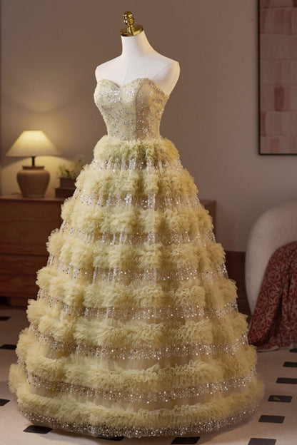Golden Sweetheart Sequin Ruffle A-line Prom Gown