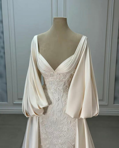 Luxury Wedding Dresses, Ivory Satin Lace A-line Bridal Gowns