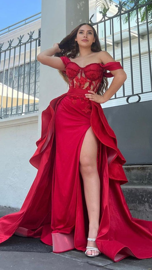 Illusion Off The Shoulder Red Floral Beaded Prom Evening Dress