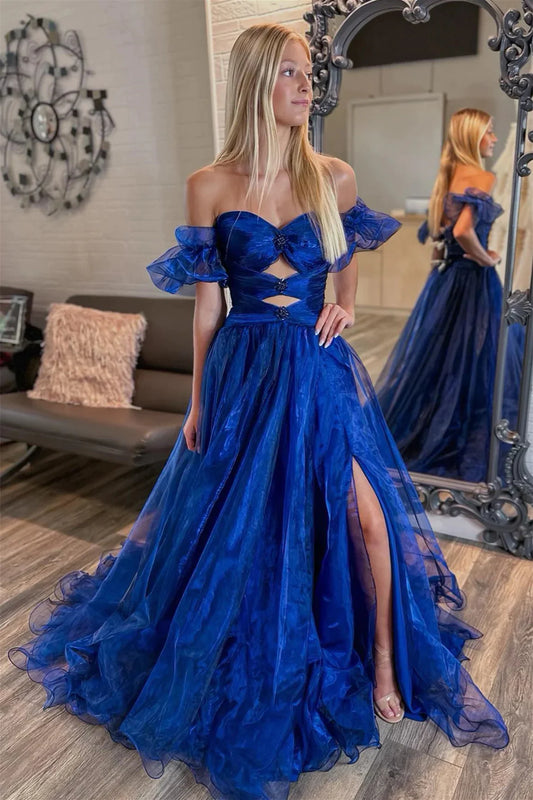 Royal Blue Organza A-Line Long Evening Prom Dress With Side Slit