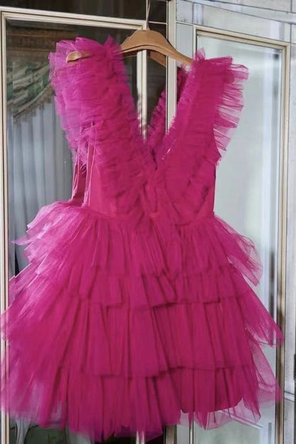 LTP1754, Sweet Pink Ruffles Homecoming Dress, Layers Plunging V Neck Homecoming Dress