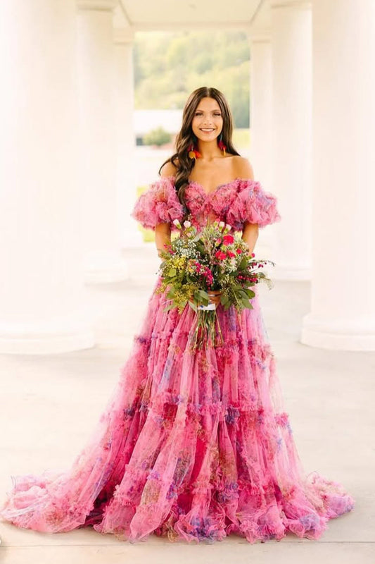 Gorgeous Ball Gown Tiered Pink Floral Tulle Prom Dress