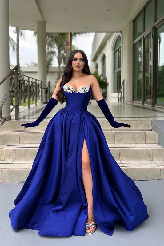 Royal Blue Satin Split A-Line Long Evening Prom Dress