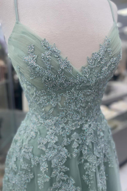 Straps Sage Green Appliques Tulle Long Formal Dress