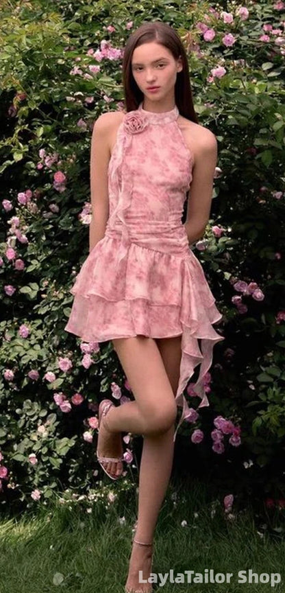 Elegant Pink Floral Halter A-line Short Mini Homecoming Dress