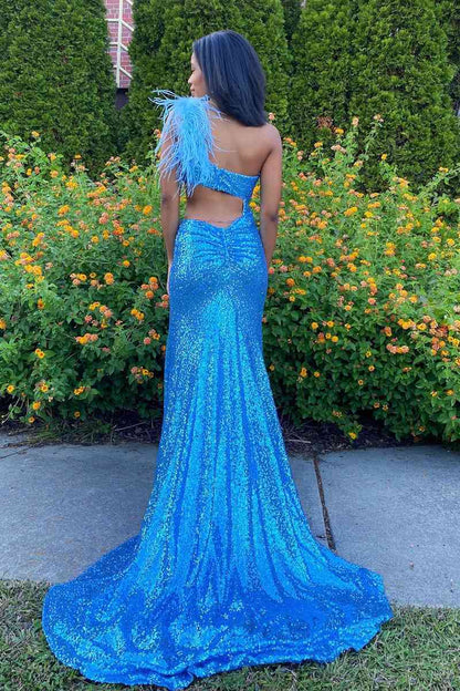 One Shoulder Feather Sequined Long Prom Dress