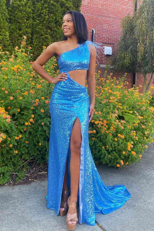 One Shoulder Feather Sequined Long Prom Dress