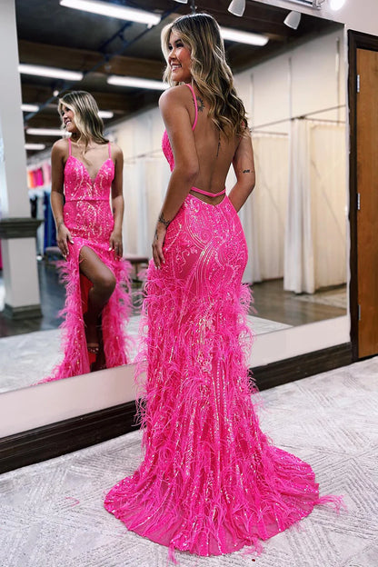 Luxury Sequins Feather Bodycon Long Evening Prom Dress