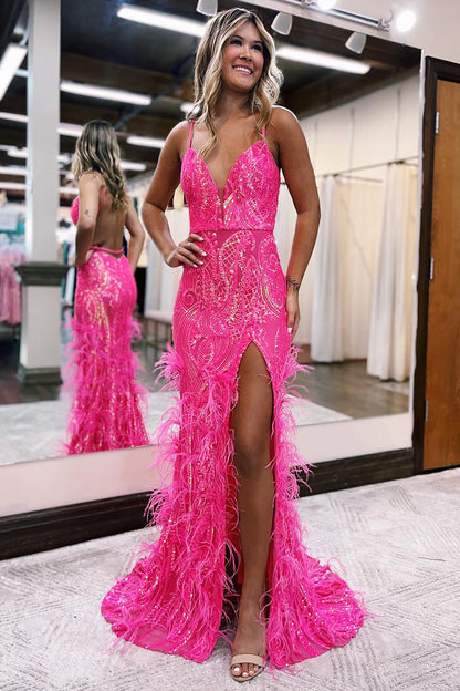 Luxury Sequins Feather Bodycon Long Evening Prom Dress