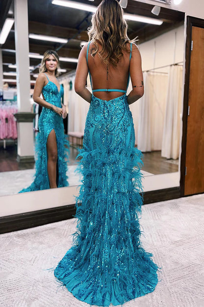 Luxury Sequins Feather Bodycon Long Evening Prom Dress