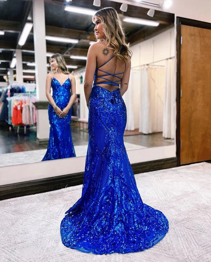 Royal Blue Sequined Lace Mermaid Evening Prom Dresses