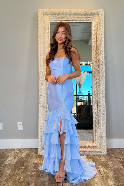 Strapless Pink Fitted Ruffle Long Party Dress
