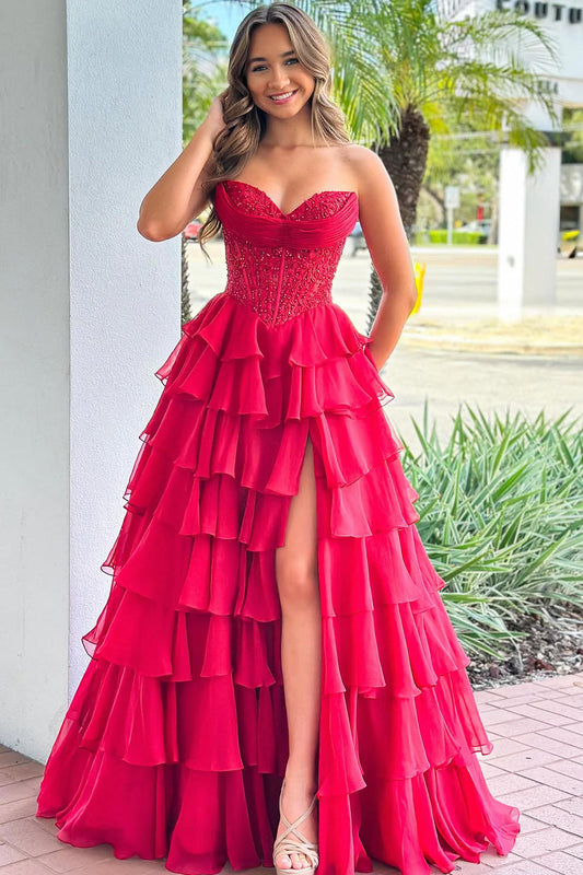 A Line Sweetheart Red Chiffon Long Prom Dress with Appliques