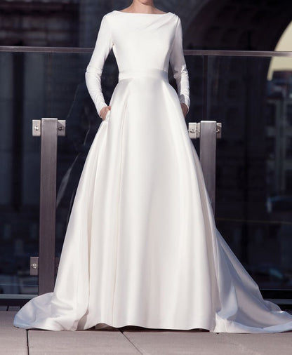 Elegant Ivory Long Sleeves A-Line White Wedding Dresses High Quality Satin Bridal Gown With Sweep Train