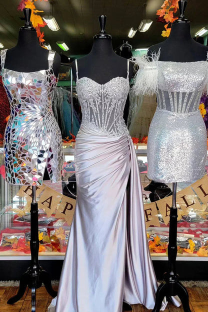Spaghetti Straps Sage Beaded Satin Long Formal Dress