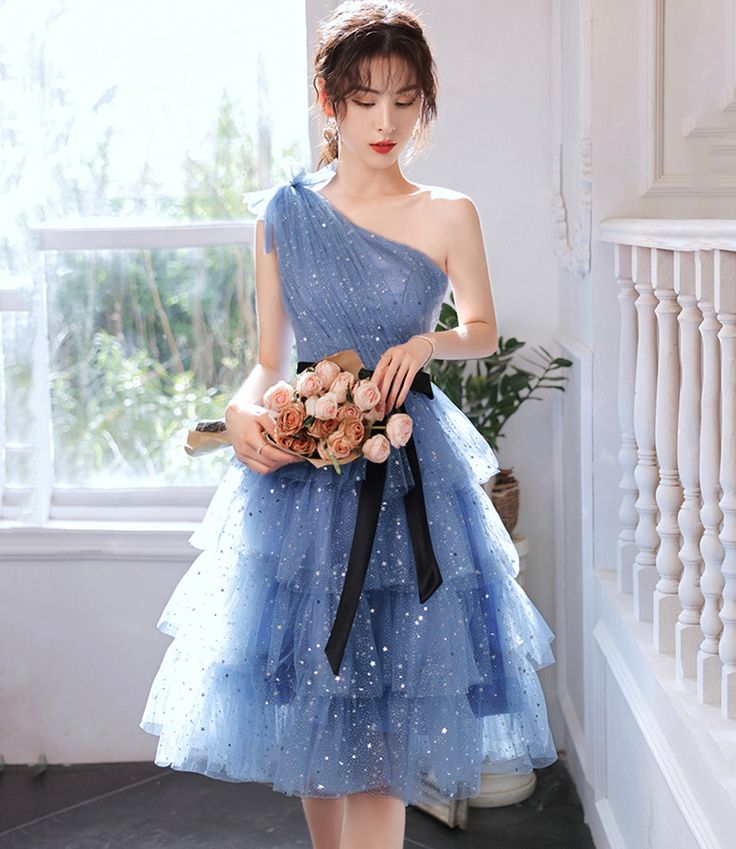 LTP1766,Dream Blue One Shoulder Homecoming Dress, Sparkle Starry Tulle Laylatailor Shop LTP1766,Dream Blue One Shoulder Homecoming Dress, Sparkle Starry Tulle Laylatailor Shop
