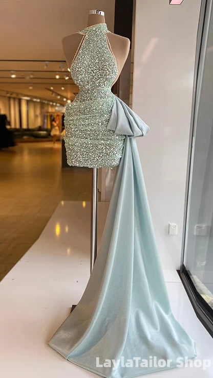 Sparkly Mint Green Sequins Halter A-line Short Homecoming Dress with Train
