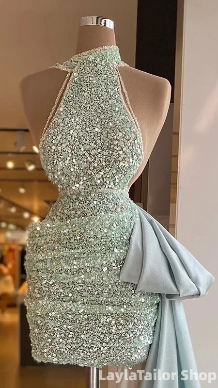 Sparkly Mint Green Sequins Halter A-line Short Homecoming Dress with Train