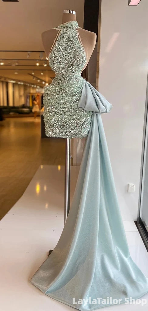 Sparkly Mint Green Sequins Halter A-line Short Homecoming Dress with Train
