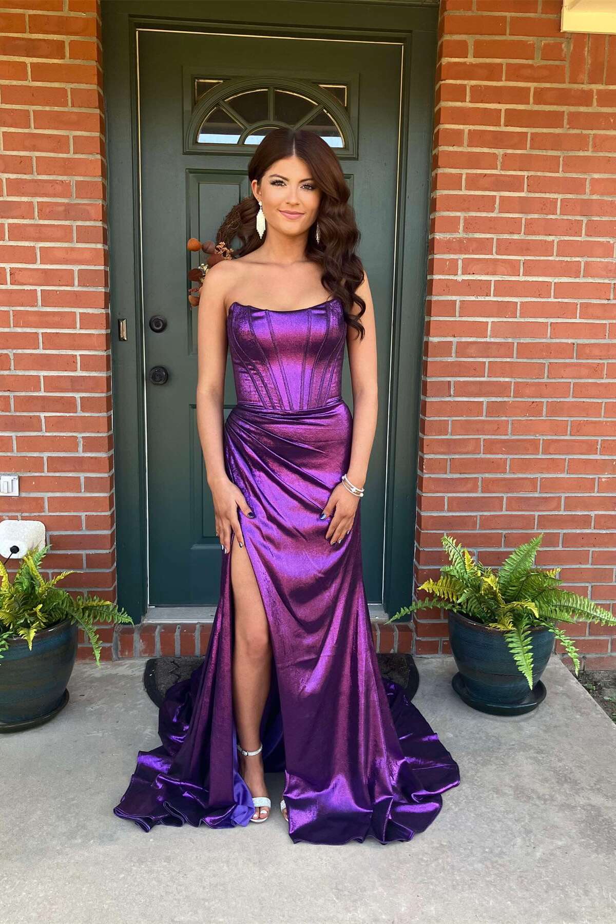 Strapless Purple Metallic Draped Prom Dress