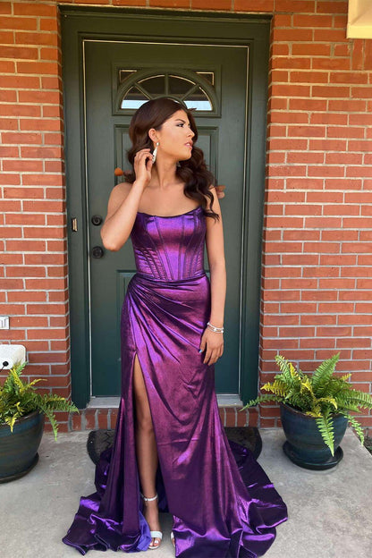 Strapless Purple Metallic Draped Prom Dress