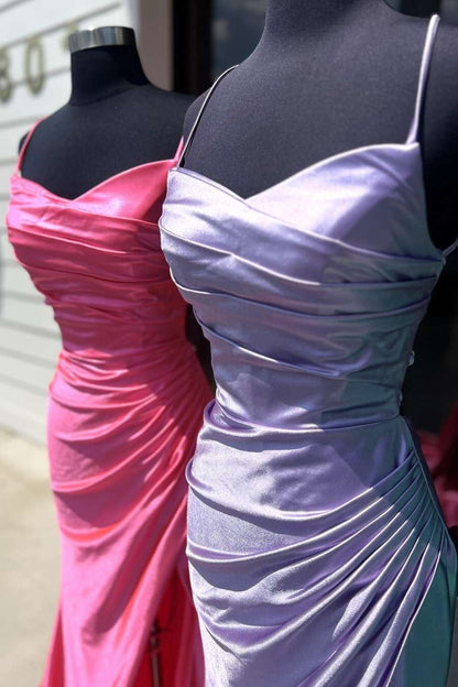 Straps Pink Ruched Satin Fitted Long Prom Dress