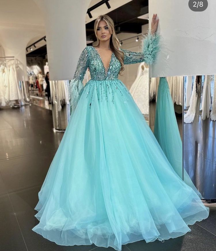 Long Sleeves Beaded V-Neck Evening Prom Dress