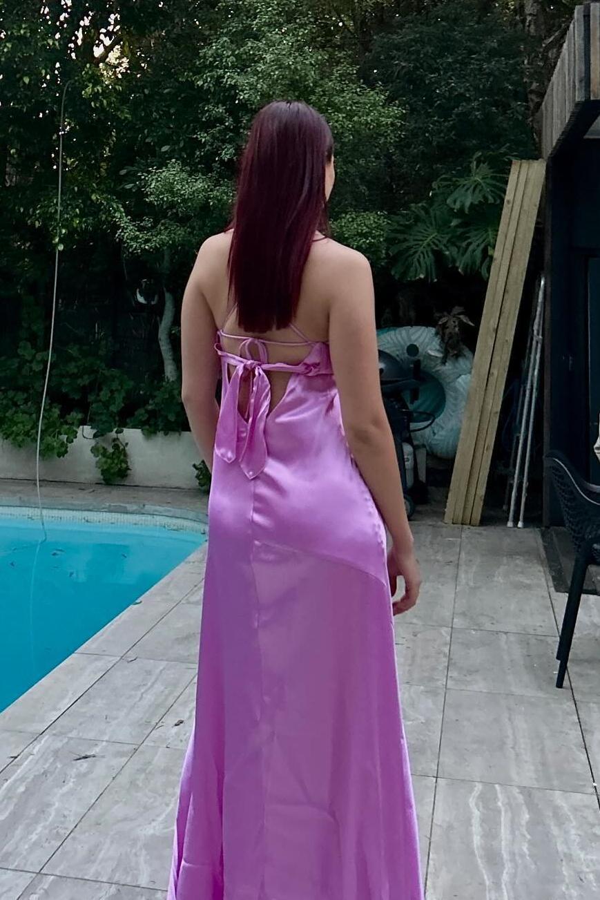 Straps Lilac Silk Long Party Dress with Slit