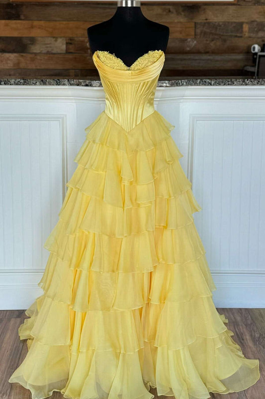 Yellow Corset A-line Ruffle Long Formal Dress