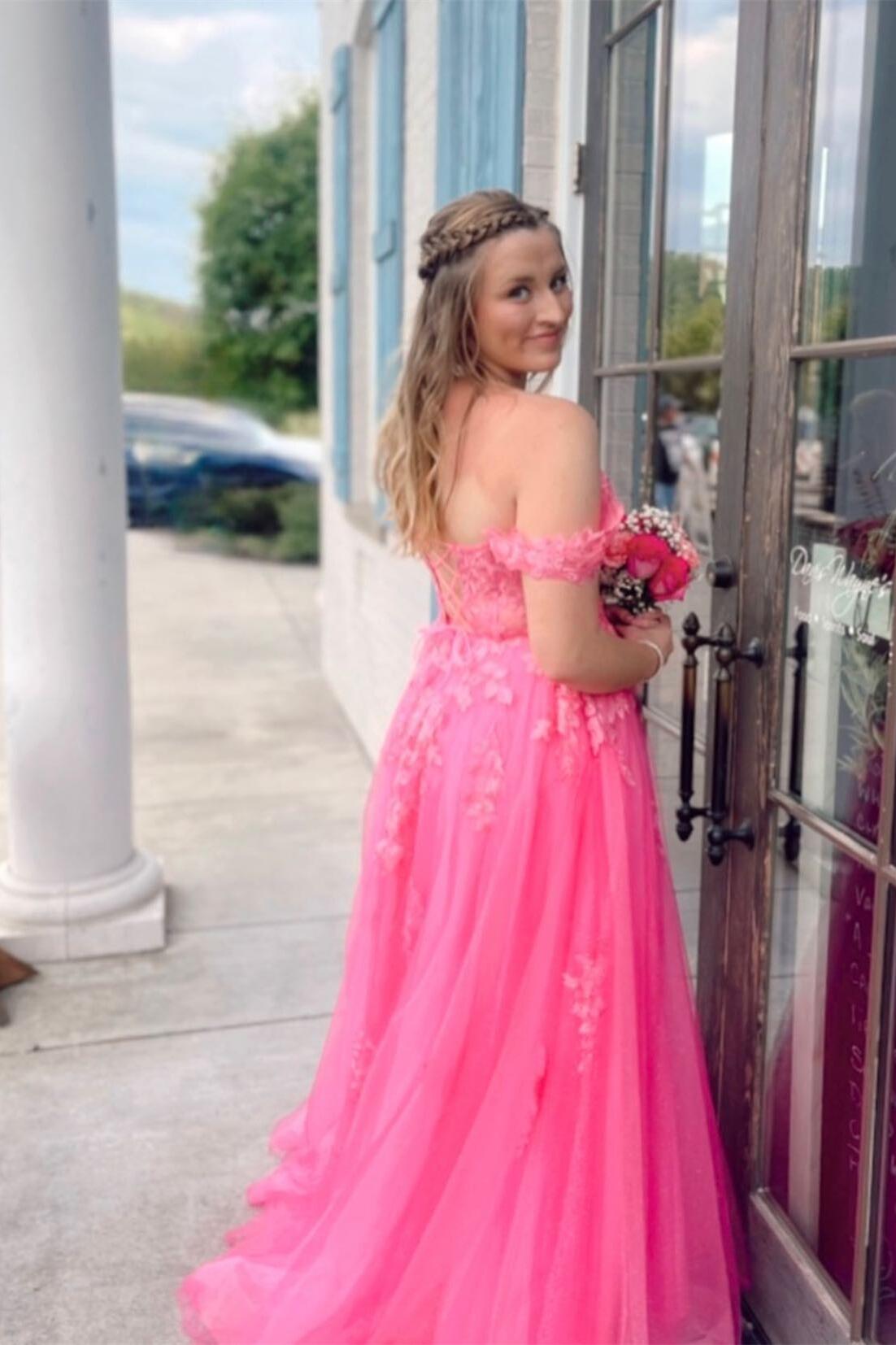 Off the Shoulder Hot Pink Appliques A-line Long Dress