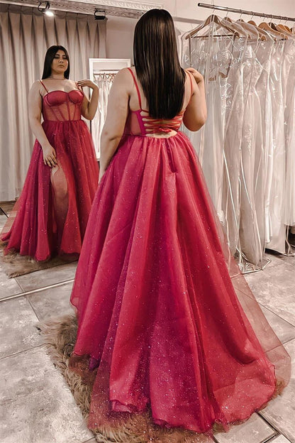 Red Sheer Corset A-line Long Formal Dress