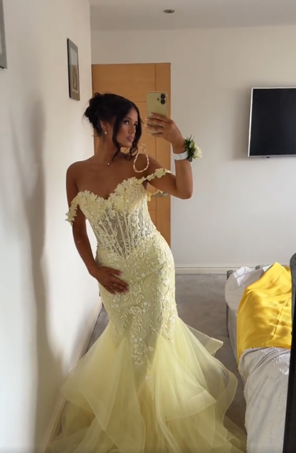 Yellow Mermaid Lace Evening Prom Dress, Long Party Formal Dresses