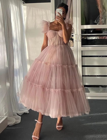 LTP1866,A-Line Pink Off The Shoulder Tulle Prom Homecoming Dresses