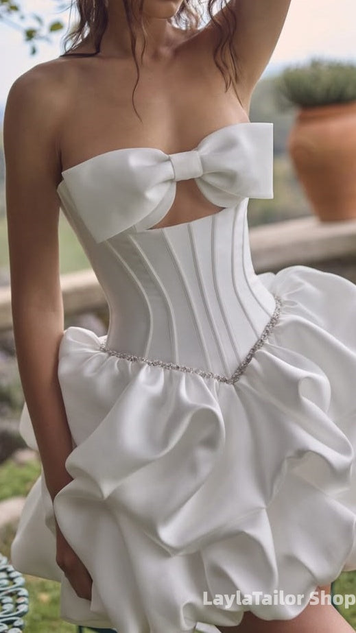 Pearl White Strapless Wedding Dresses Mini Bridal Gown With Bowknot,LTP3710
