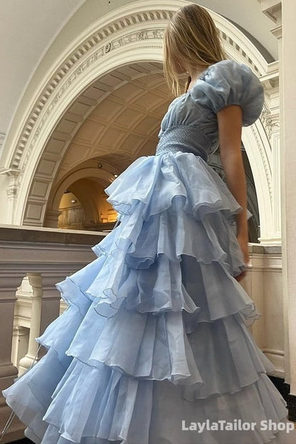 Sky Blue Ruffle Prom Dresses Vintage Formal Party Dress,LTP3694